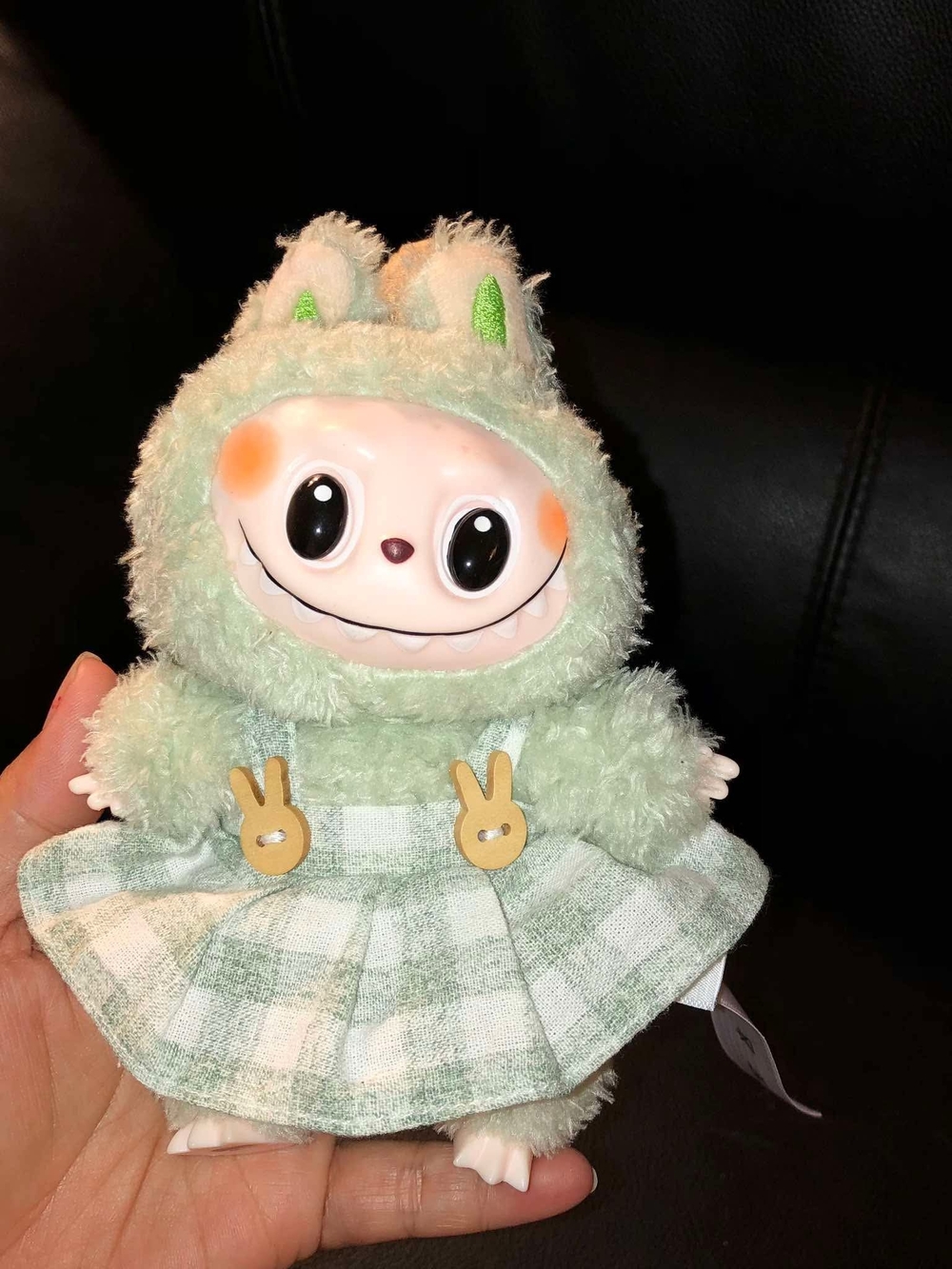 & Other Stories Mint Green Plush Bunny-Monster Doll with Plaid Dress